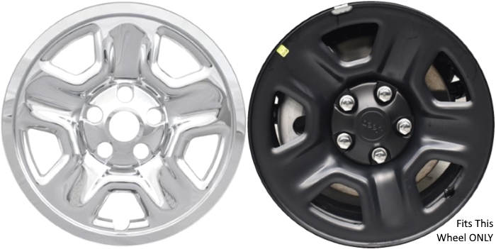 Jeep Gladiator 2020-2025, Jeep Wrangler 2019-2025, Jeep Wrangler JL 2018 Chrome, 5 Spoke, Plastic Hubcaps, Wheel Covers, Wheel Skins, Imposters. ONLY Fits 17 Inch Steel Wheel Pictured. Part Number IMP-98X.
