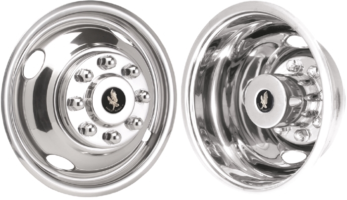 GMC Savana 3500 DRW 2003-2024, GMC Savana 4500 DRW 2003-2024, Stainless Steel Hubcaps, Wheel Covers, Simulators and Liners for 16 Inch Steel Wheels. Part Number JDGM1608-03.