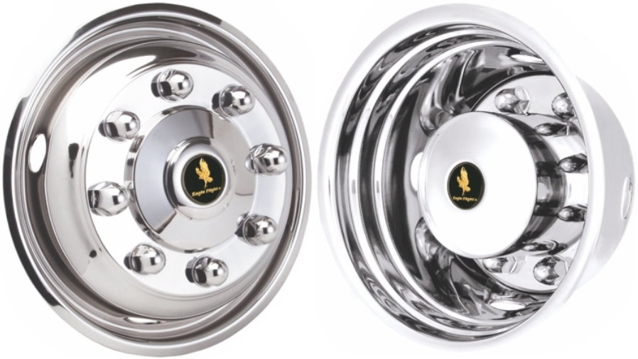 Chevrolet Silverado 4500HD 2019-2024, Chevrolet Silverado 5500HD 2019-2024, Chevrolet Silverado 6500HD 2019-2024, Stainless Steel Hubcaps, Wheel Covers, Simulators and Liners for 19.5 x 6.75 Inch Steel Wheels. Part Number JDH95822.