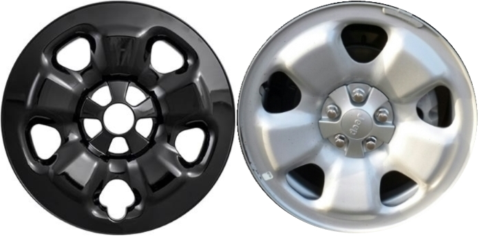 Jeep Cherokee 2014-2018 Black Painted, 5 Spoke, Plastic Hubcaps, Wheel Covers, Wheel Skins, Imposters. Fits 17 Inch Steel Wheel Pictured to Right. Part Number IMP-91BLK/7900GB.