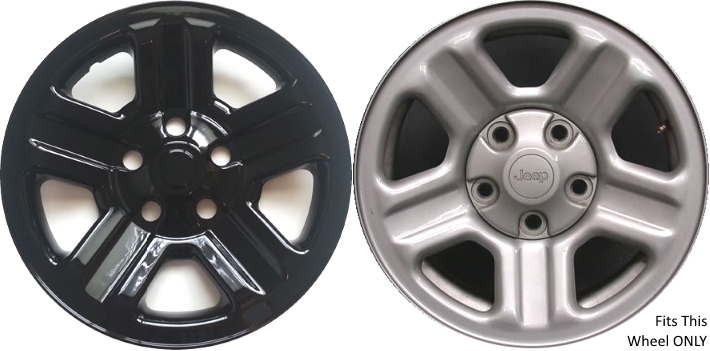 Jeep Wrangler 2007-2017, Jeep Wrangler JK 2018 Black, 5 Spoke, Plastic Hubcaps, Wheel Covers, Wheel Skins, Imposters. ONLY Fits 16 Inch Steel Wheel Pictured. Part Number IMP-76GBLK/6990GB.
