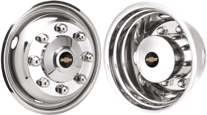 Chevrolet Silverado 4500HD 2019-2024, Chevrolet Silverado 5500HD 2019-2024, Chevrolet Silverado 6500HD 2019-2024, Stainless Steel Hubcaps, Wheel Covers, Simulators and Liners for 19.5 x 6.75 Inch Steel Wheels. Part Number JGM1958675-19.