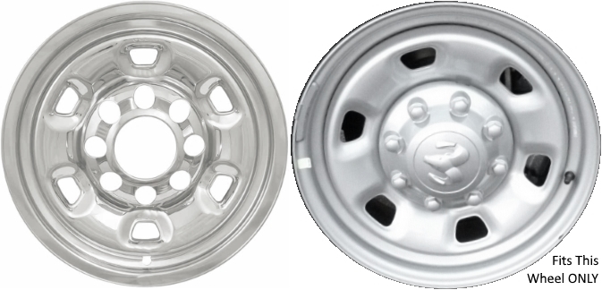 Dodge Ram 2500 2014-2018, Dodge Ram 3500 SRW 2014-2018 Chrome, 6 Hole, Plastic Hubcaps, Wheel Covers, Wheel Skins, Imposters. ONLY Fits 17 Inch Steel Wheel Pictured. Part Number IMP-94X.