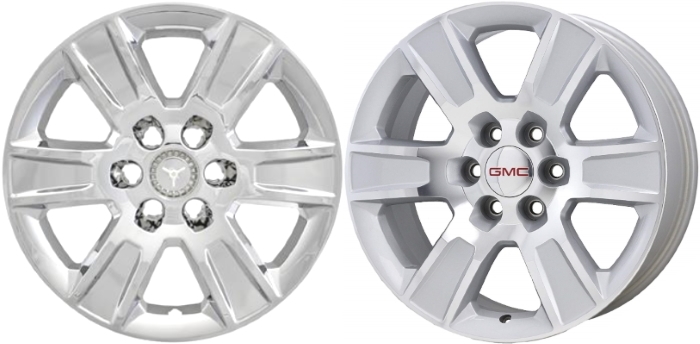 GMC Sierra 1500 2014-2018, GMC Sierra 1500 Limited 2019 Chrome, 6 Spoke, Plastic Hubcaps, Wheel Covers, Wheel Skins, Imposters. Fits 20 Inch Alloy Wheel Pictured to Right. Part Number IMP-426X.