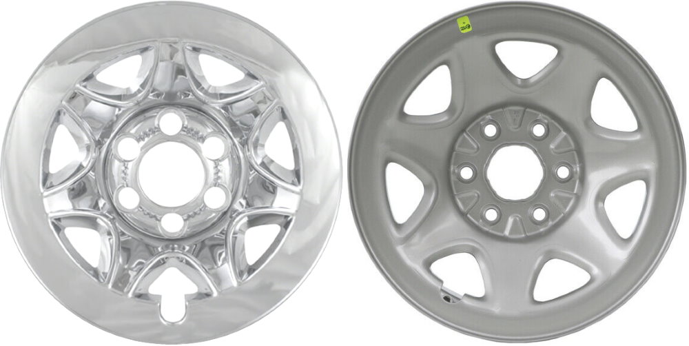 Chevrolet Silverado 1500 2014-2018, Chevrolet Silverado 1500 LD 2019, GMC Sierra 1500 2014-2018, GMC Sierra 1500 Limited 2019 Chrome, 7 Spoke, Plastic Hubcaps, Wheel Covers, Wheel Skins, Imposters. Fits 17 Inch Steel Wheel Pictured to Right. Part Number IMP-89X.