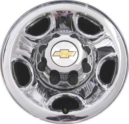 GMC Sierra 1500 HD 2001-2007, Sierra 2500 1999-2010, Sierra 3500 SRW 2001-2010, Yukon 2500 2000-2010 chrome clad 16x6.5 steel wheels or rims. Hollander part number STL5075, OEM part number 9595397.