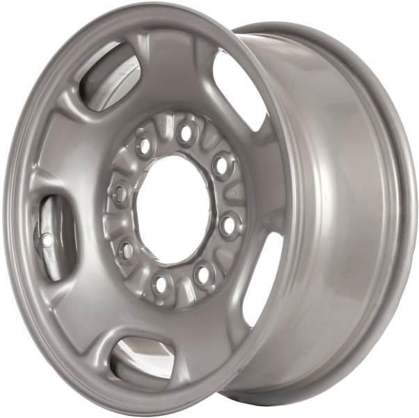 Chevrolet Silverado 2500 2011-2025, Silverado 3500 SRW 2011-2025, Suburban 3500HD 2016-2018, GMC Sierra 2500 2011-2025, Sierra 3500 SRW 2011-2025 powder coat silver 17x7.5 steel wheels or rims. Hollander part number STL8095, OEM part number 9597724.