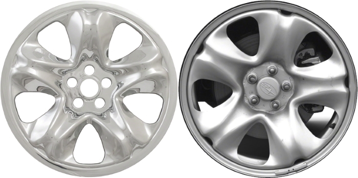Subaru Forester 2014-2018 Chrome, 5 Spoke, Plastic Hubcaps, Wheel Covers, Wheel Skins, Imposters. Fits 17 Inch Steel Wheel Pictured to Right. Part Number IMP-95X.