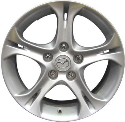 Mazda RX-8 2003-2008 powder coat silver 16x7.5 aluminum wheels or rims. Hollander part number ALY64867, OEM part number 9965047560, 9965067560.